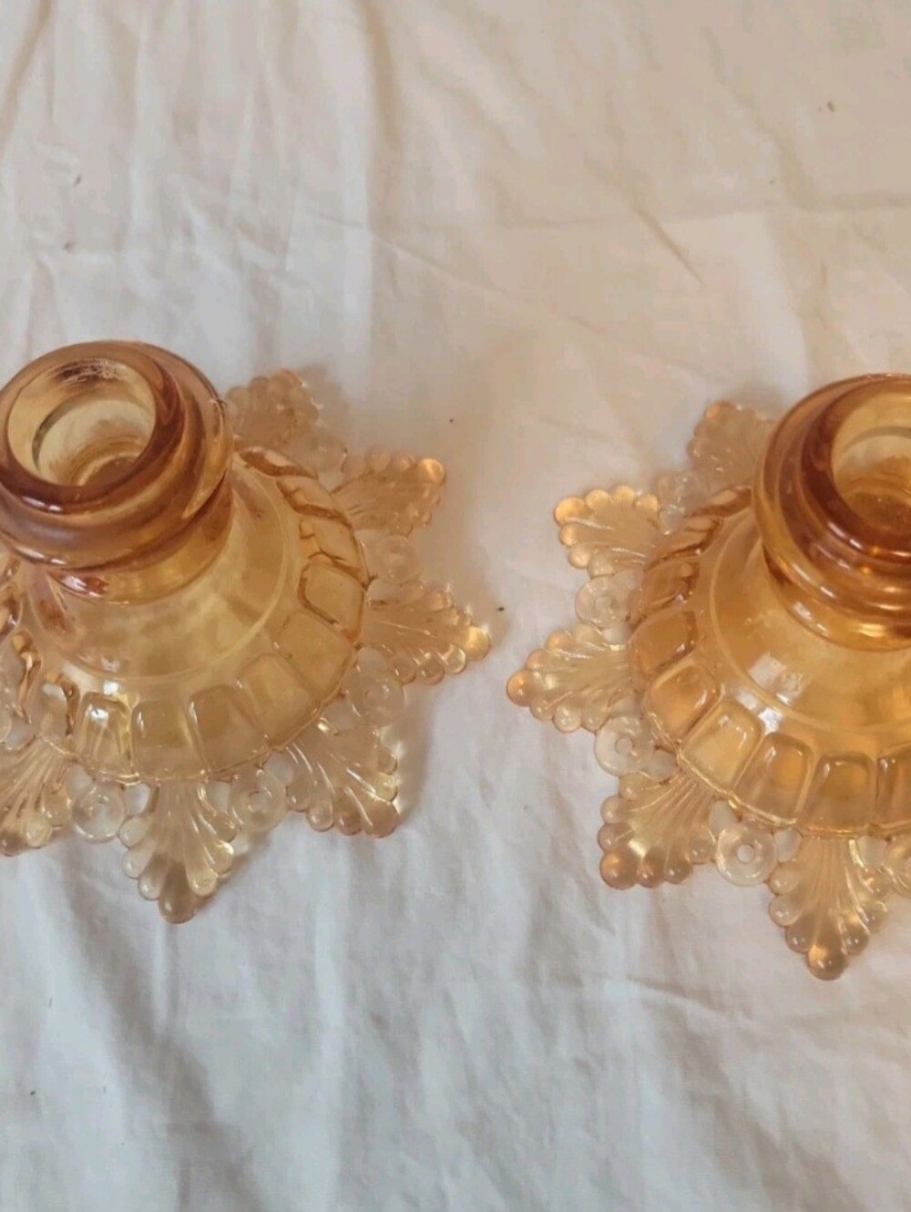 Pair Of Vintage Westmoreland Amber Glass Doric Lace Candle Holders